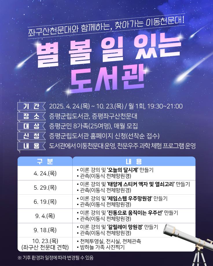 증평군립도서관, 이동천문대 ‘별 볼 일 있는 도서관’ 운영